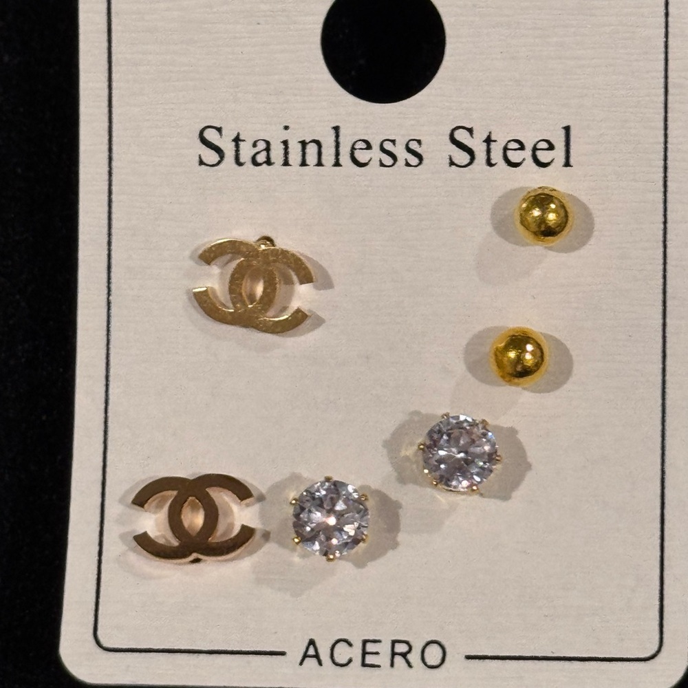 Fashion Jewelry Gold Stainless Steel Monogram Earring Set .25 inch